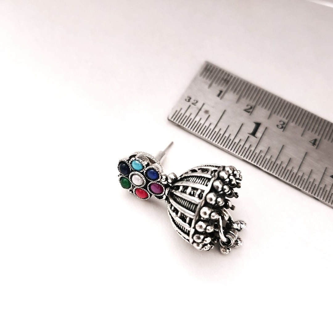 Arohi: Multicolored Silver Toned Jhumka