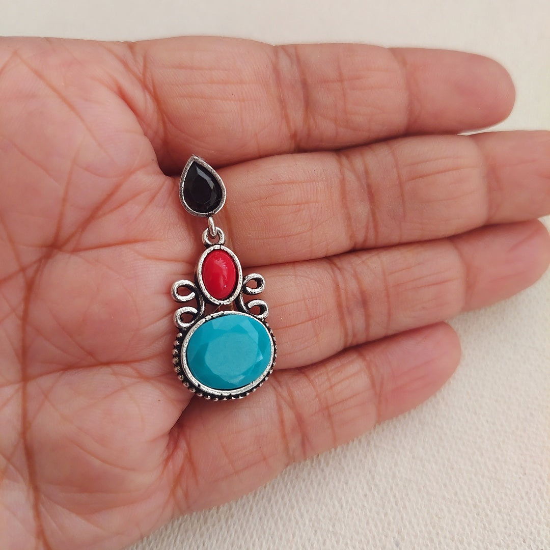 Oceanic Opulence: Oxidized Turquoise and Red Coral Stone Earrings