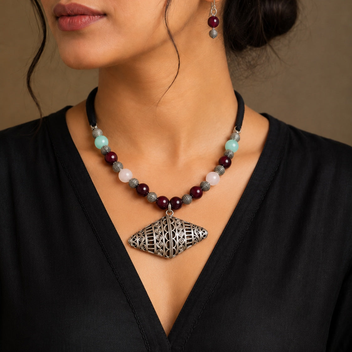 Saanjh: Beaded Silver Toned Pendant and Earring Set