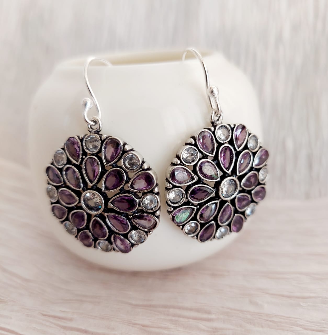 CZ Stones Hooked Earrings - Purple White