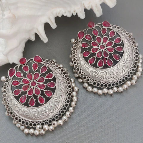 Deep Pink Stone - chandbali earrings - Oxidised Earrings