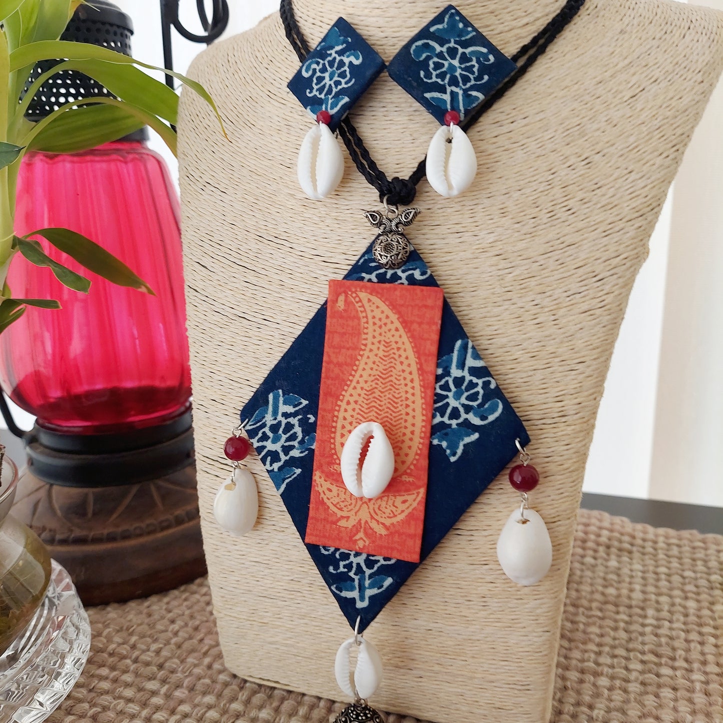Bright Indigo-Orange Contrast Fabric Necklace Set