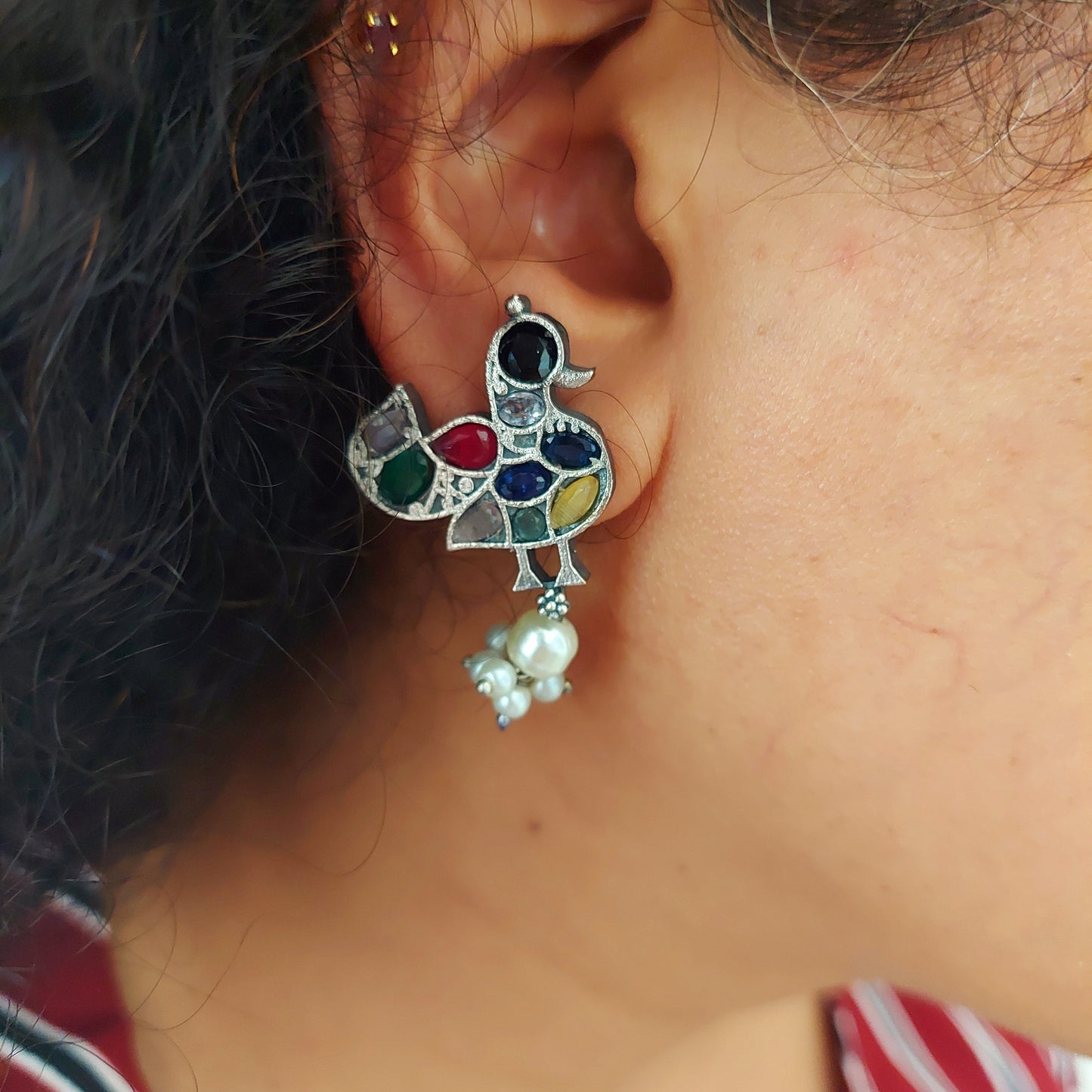 "Feathered Fantasia" Earrings. Silver-Toned Birds Adorned with Multicolored Stones and Pearl Danglers