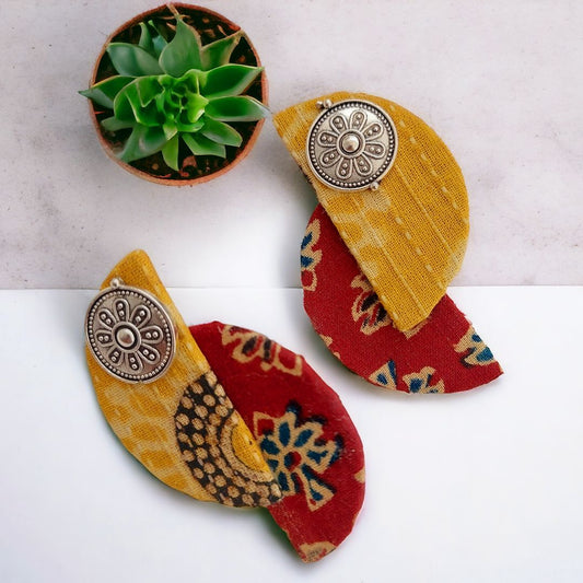 Stunning Maroon and Mustard Block Print Fabric Earrings with Oxidized Motif