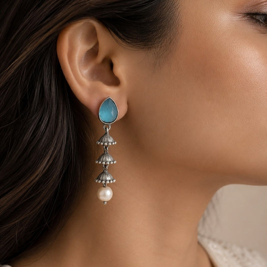Mrinalini: Aqua Blue Stone Cascade Pearl Drop Earring