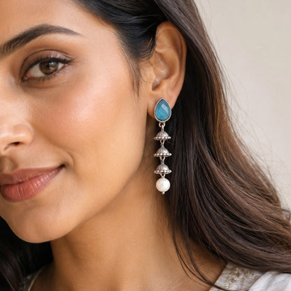 Mrinalini: Aqua Blue Stone Cascade Pearl Drop Earring