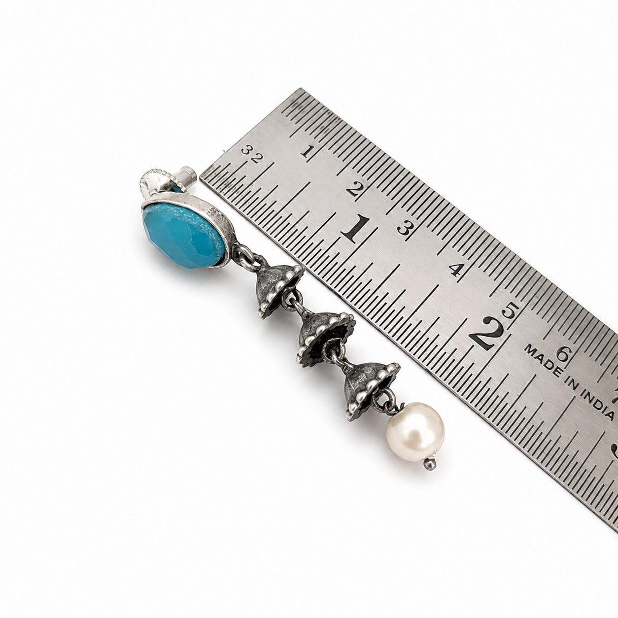 Mrinalini: Aqua Blue Stone Cascade Pearl Drop Earring