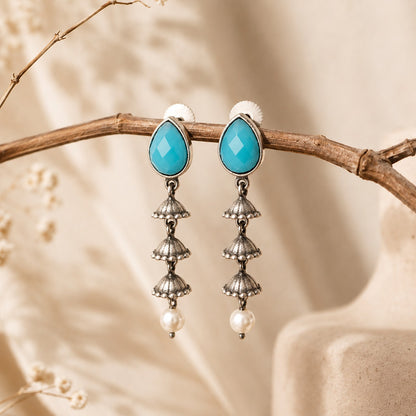 Mrinalini: Aqua Blue Stone Cascade Pearl Drop Earring