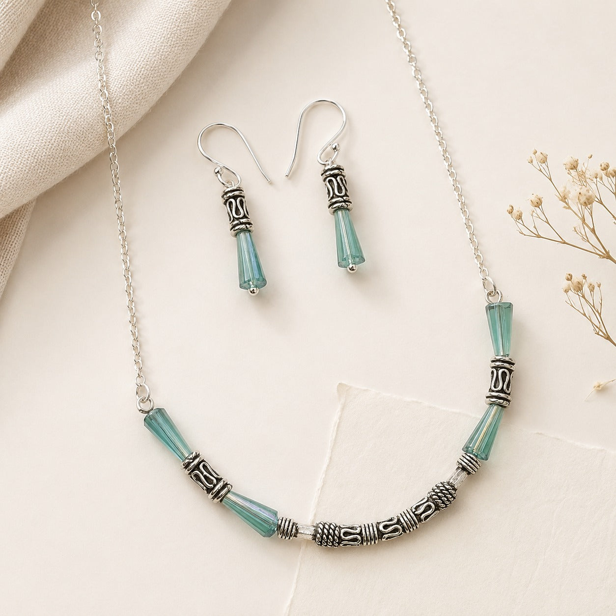 Aqua Weave : Silver Toned Aqua Beaded Necklace and Earring Set
