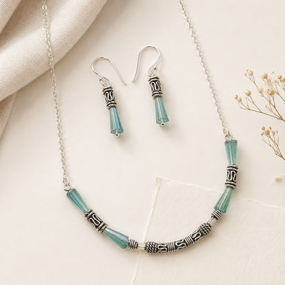 Aqua Weave : Silver Toned Aqua Beaded Necklace and Earring Set