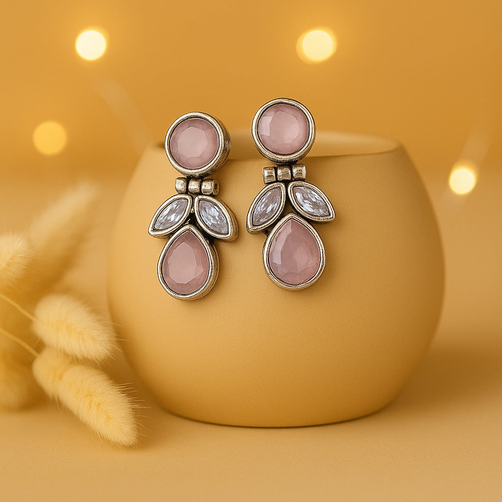 Crystal Spark: Baby Pink and White Stone Drop Earrings