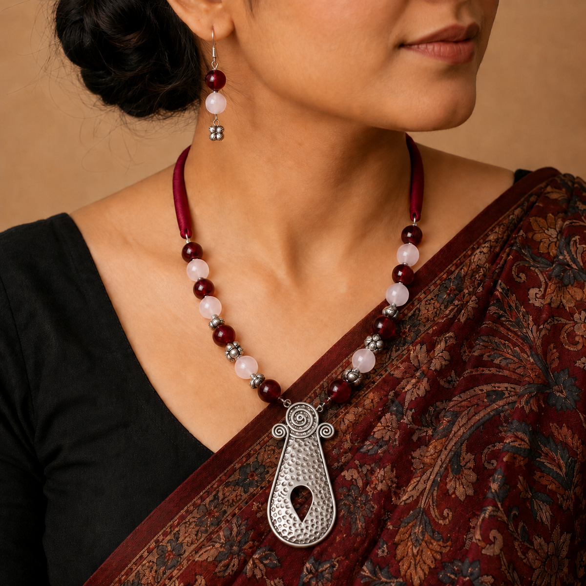 Beaded Bliss: Maroon and Pink Beaded Necklace and Earring Set