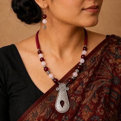 Beaded Bliss: Maroon and Pink Beaded Necklace and Earring Set
