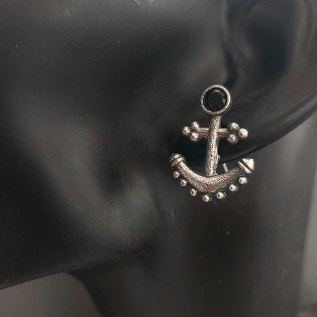 Anchor Earring -Black Stone Studded Silver Toned Earring