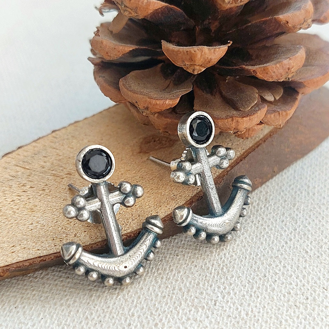 Anchor Earring -Black Stone Studded Silver Toned Earring