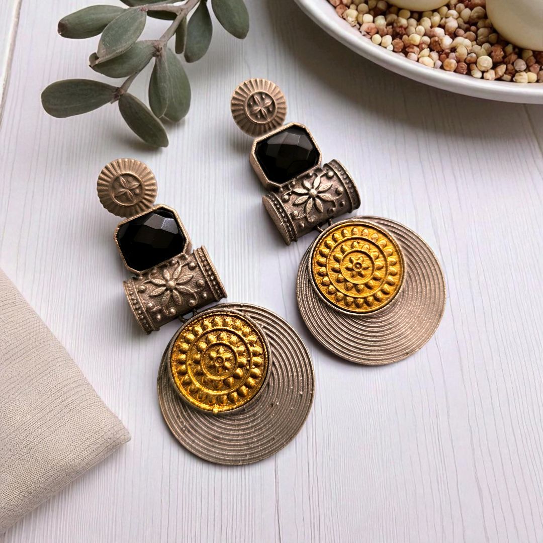Statement Disc Dangler: Two-Tone Black Stone  Stud Danglers
