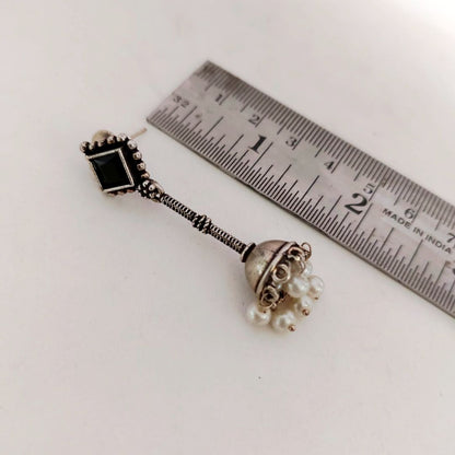 Jhumka Delight: Black Stone Silver Toned Jhumka