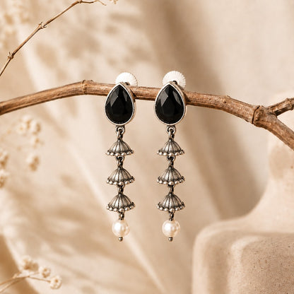 Mrinalini: Black Stone Cascade Pearl Drop Earring