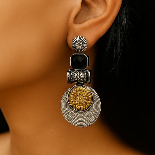 Statement Disc Dangler: Two-Tone Black Stone  Stud Danglers