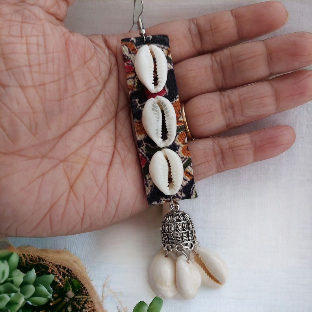 Black and Brown Natural Dye Fabric Earring with Oxidized Jhumka and cowris