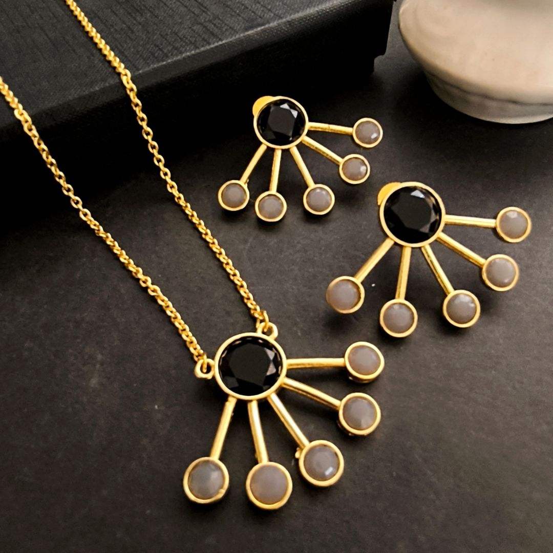 Utsav Grandeur: Black and Grey Pendant and Earring Set