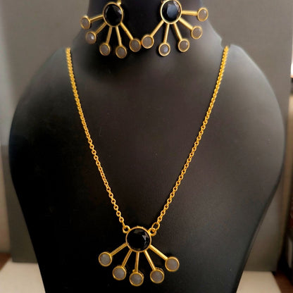 Utsav Grandeur: Black and Grey Pendant and Earring Set