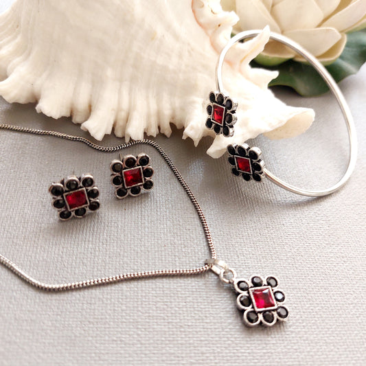 Crimson Noir: Black and Bright Red Stone Silver Toned Complete Jewelry Set