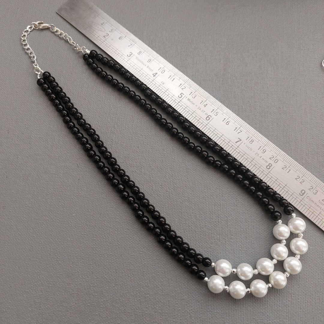 Classic Contrast : Black Beads and Pearl Necklace Set