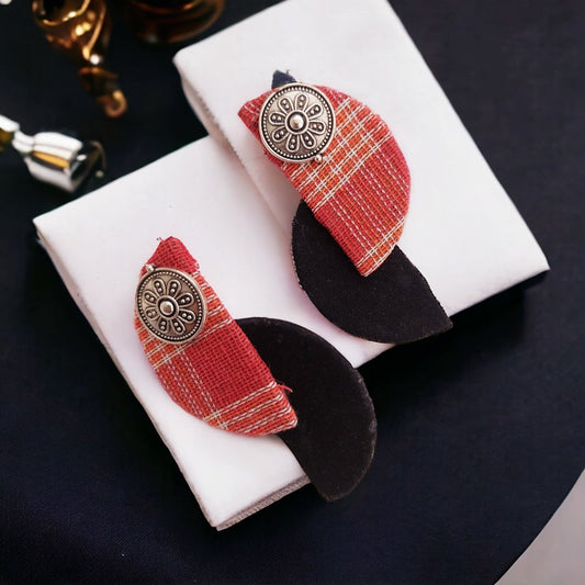Elegant Red and Black Garcha Fabric Earrings with Oxidized Motif