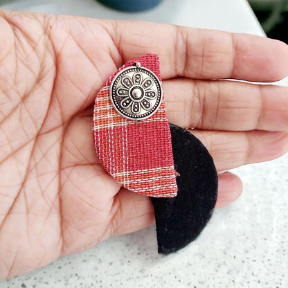 Elegant Red and Black Garcha Fabric Earrings with Oxidized Motif