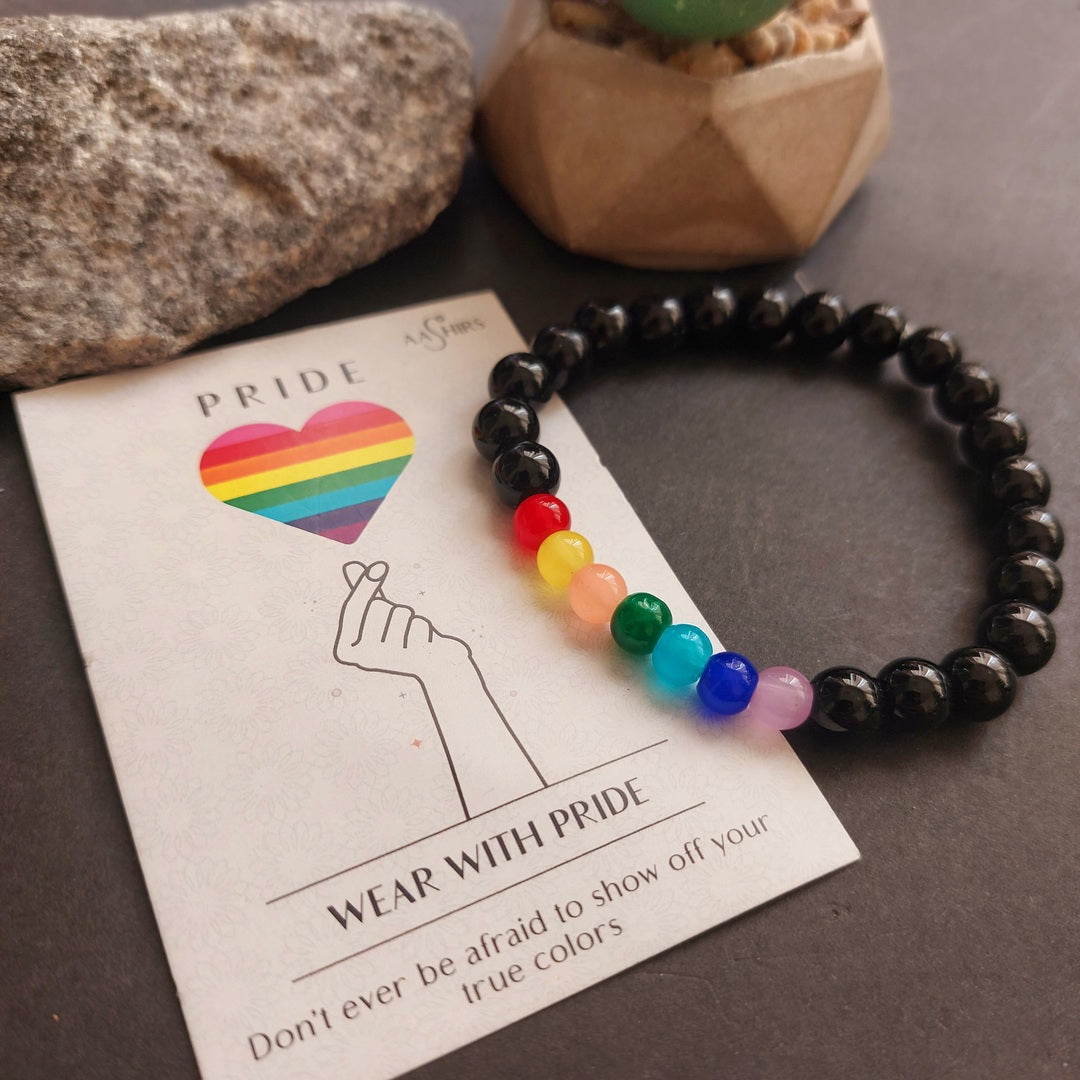 Unified Spectrum: Black Beaded Elastic Rainbow Pride Bracelet