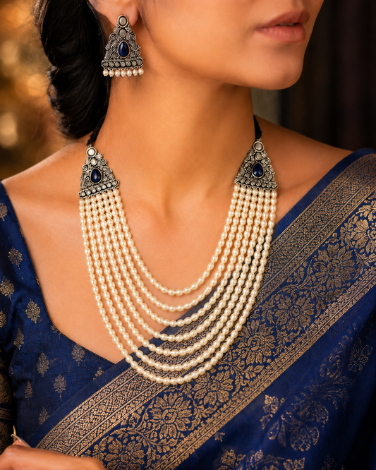 Shubhra: Layered Pearl Necklace Set: Blue (Limited Edition)