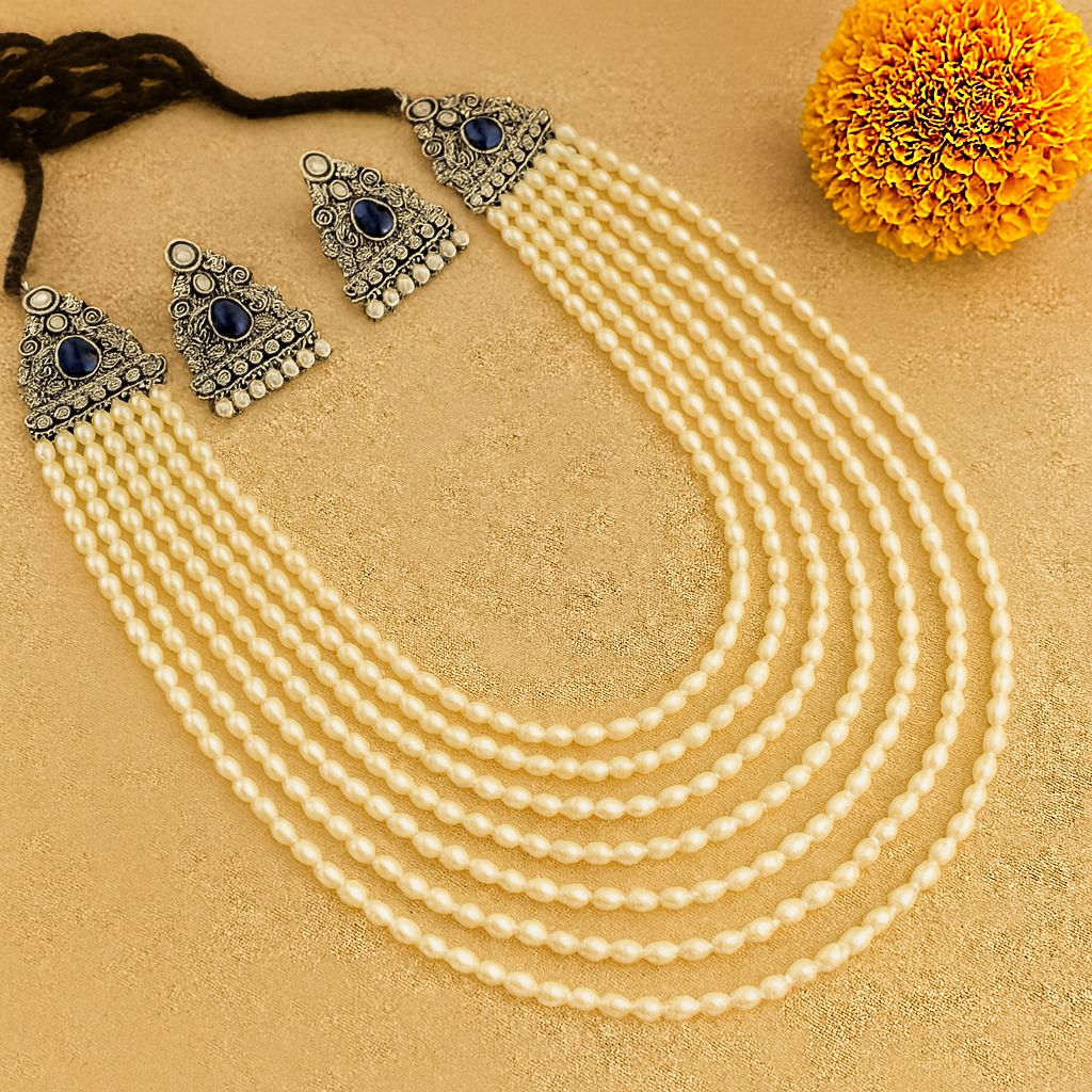 Shubhra: Layered Pearl Necklace Set: Blue (Limited Edition)