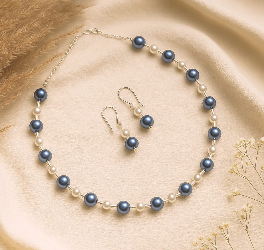 Blue Mist: Handcrafted Pearl Necklace and Earring Set