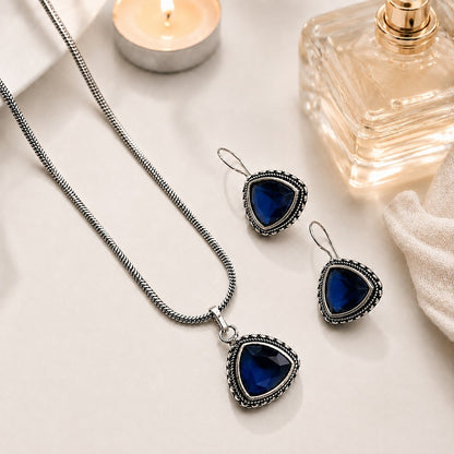 Shades & Stories: Deep Blue Silver Toned Pendant and Earring Set