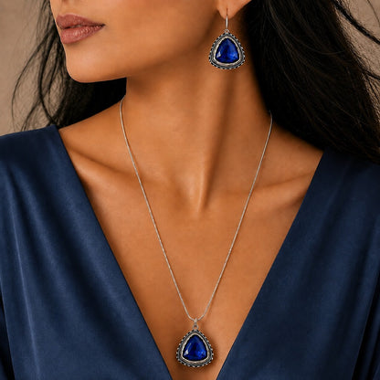 Shades & Stories: Deep Blue Silver Toned Pendant and Earring Set