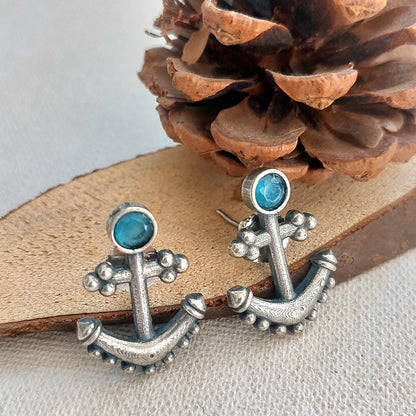 Anchor Earring -Blue Stone Studded Silver Toned Earring