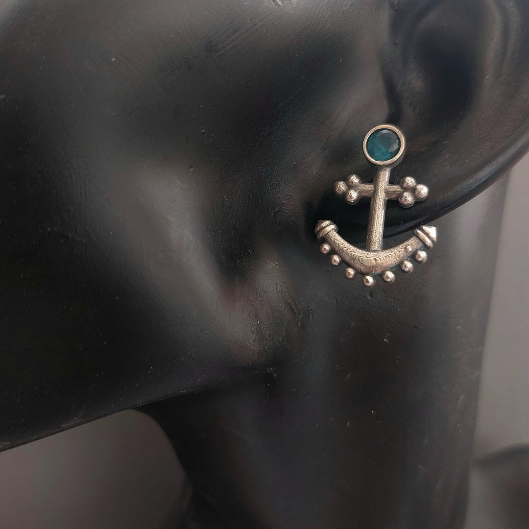 Anchor Earring -Blue Stone Studded Silver Toned Earring