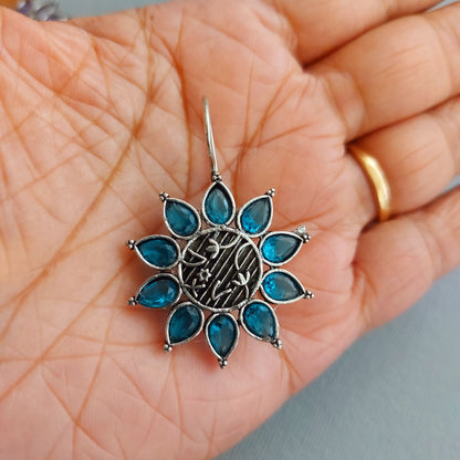 Teal Petal Cascade: Oxidized Teal Blue Floral Earrings