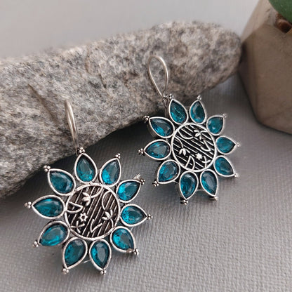 Teal Petal Cascade: Oxidized Teal Blue Floral Earrings