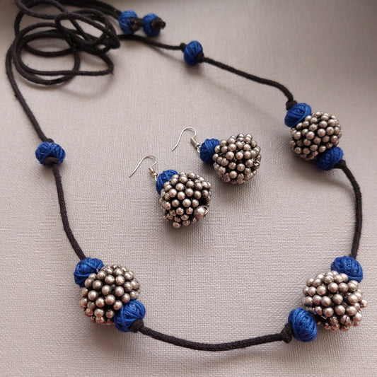 Sapphire Serenity: Blue Thread Bead and Silver Toned Beaded Necklace