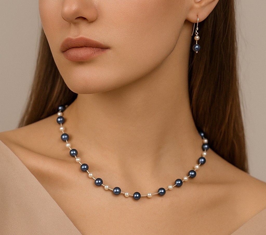 Blue Mist: Handcrafted Pearl Necklace and Earring Set
