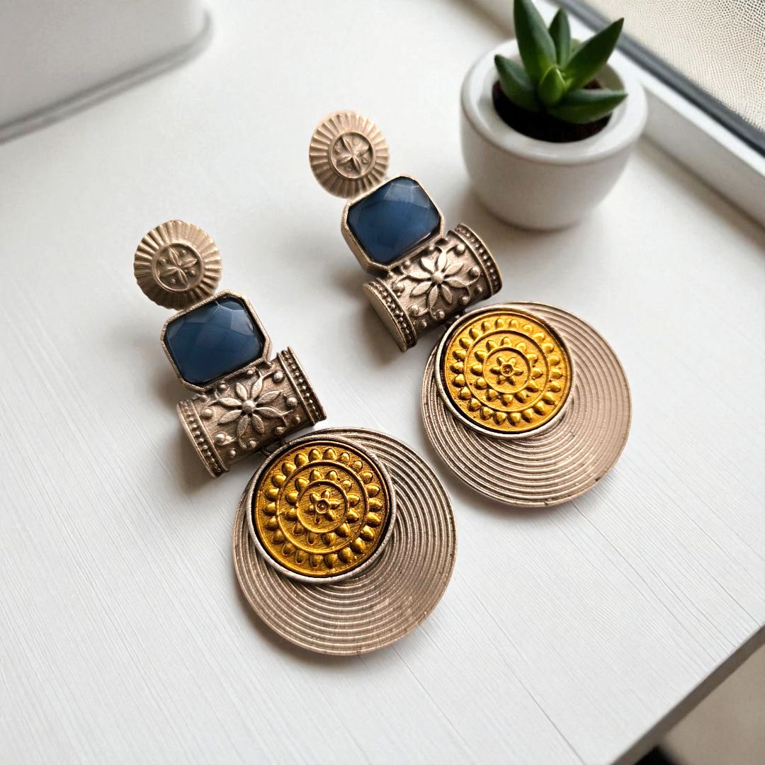 Statement Disc Dangler: Two-Tone Blue Stone  Stud Danglers
