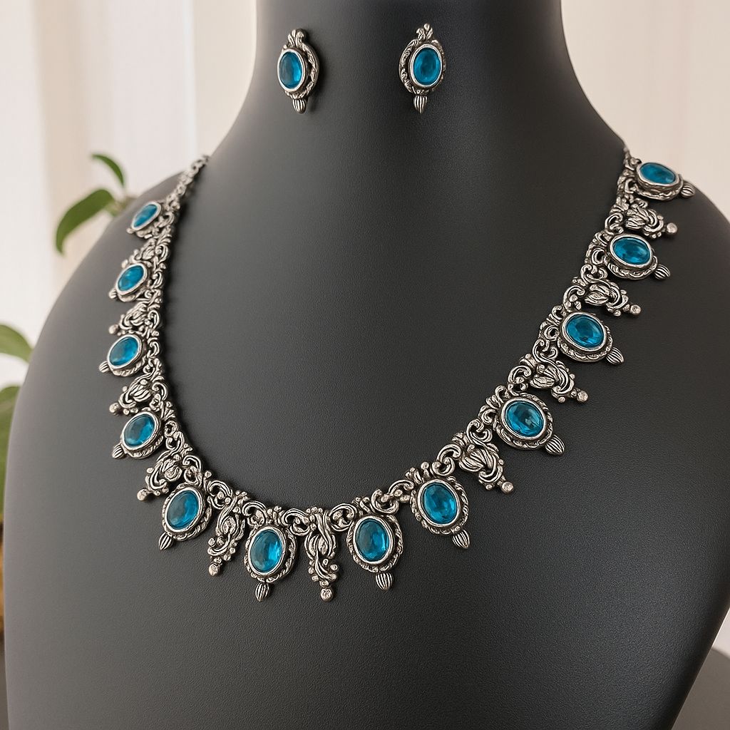 Tinge Tales: Sea Blue Stone Necklace and Earring Set