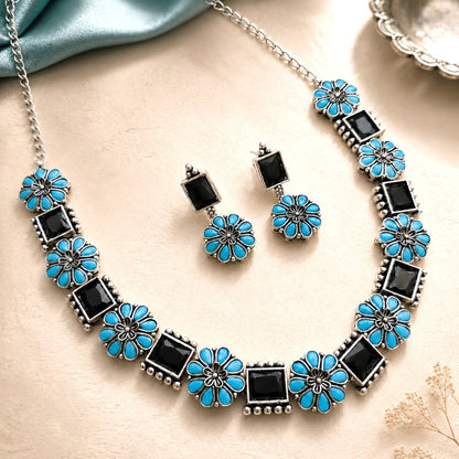 Blooming Flora: Black and Blue Stone Festive Necklace and Earring Set