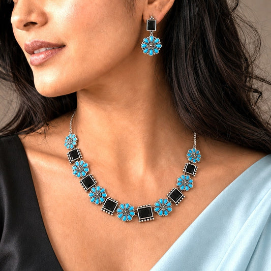 Blooming Flora: Black and Blue Stone Festive Necklace and Earring Set