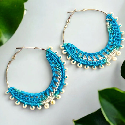 Blue and White Crochet Earrings