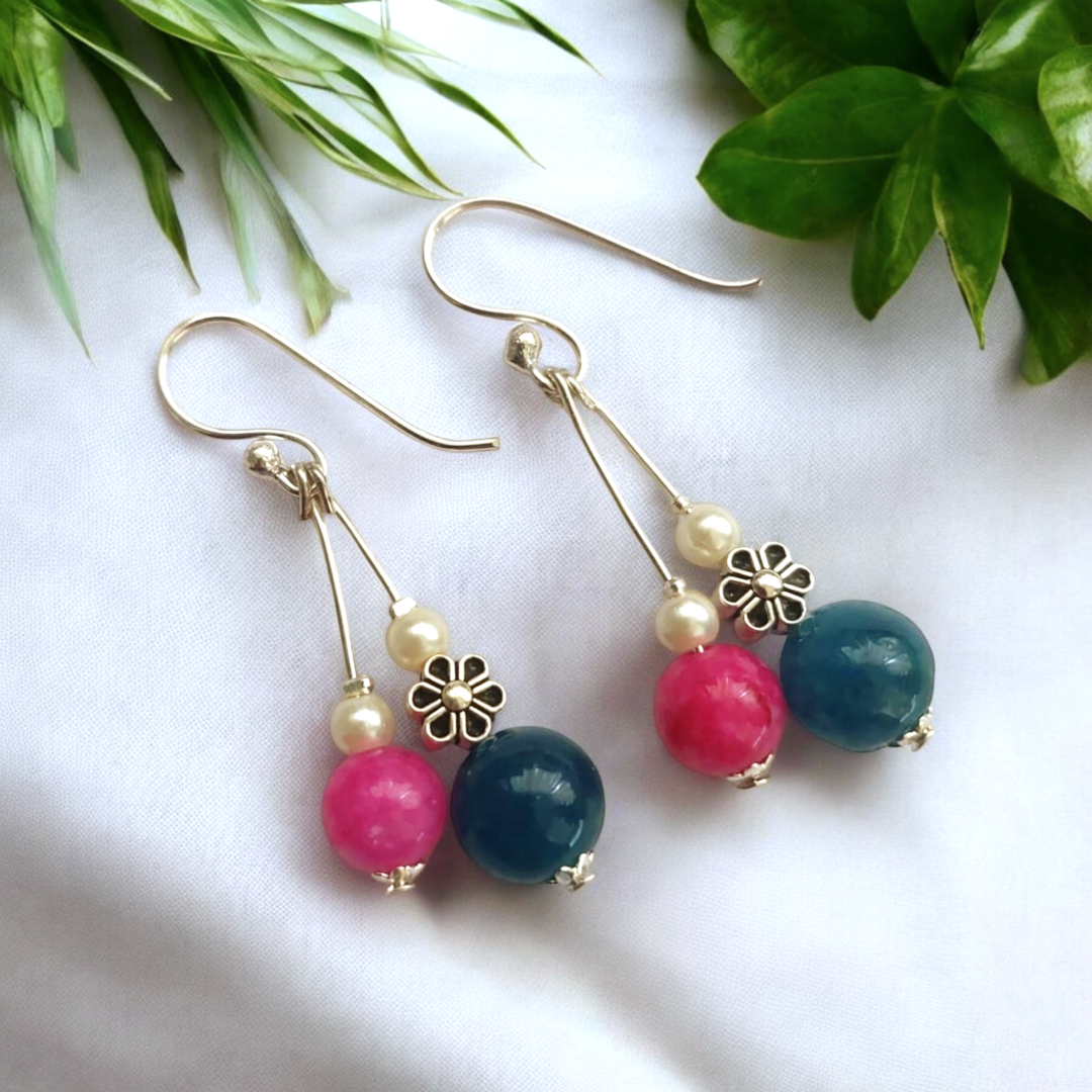 Daily Wear Earrings : Charming Blue & Pink Beaded Flower Drop Earrings