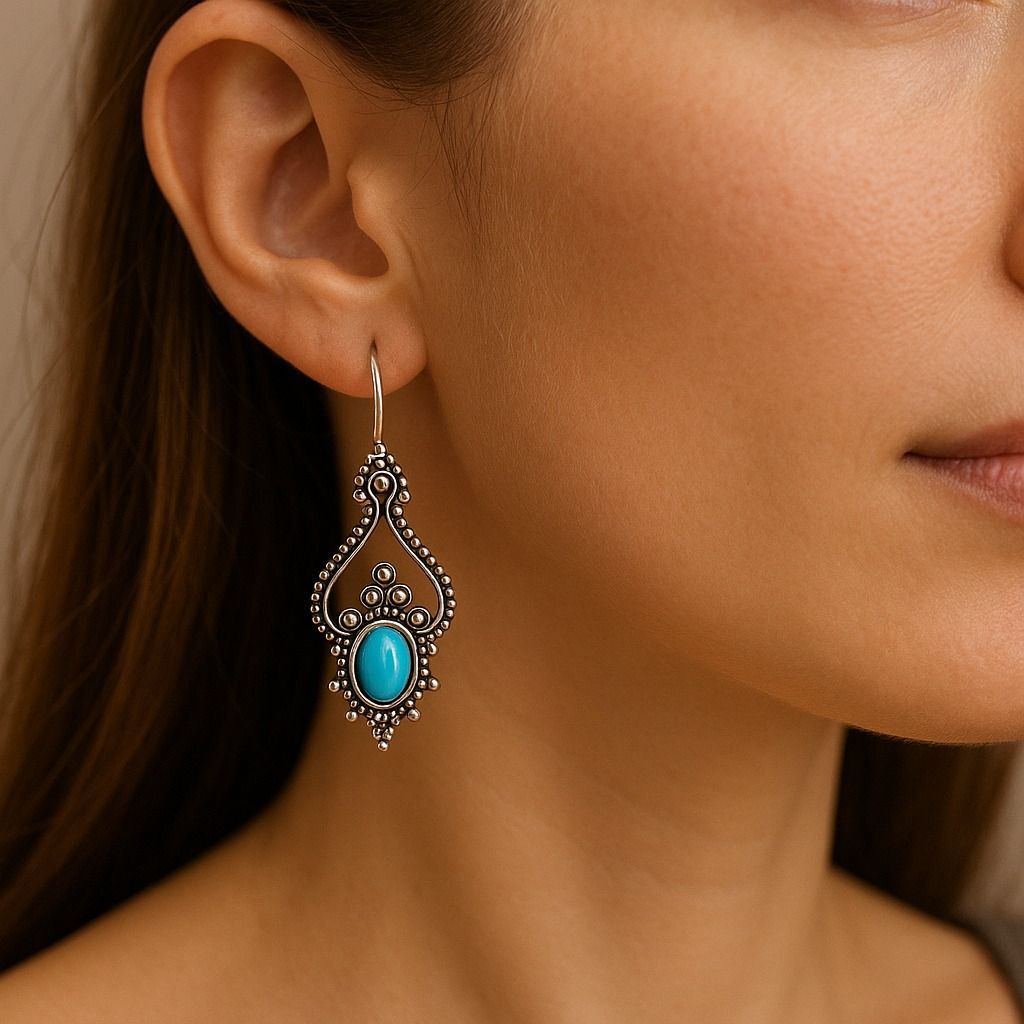 Ripple Curve: Silver Tone Blue Stone Earring