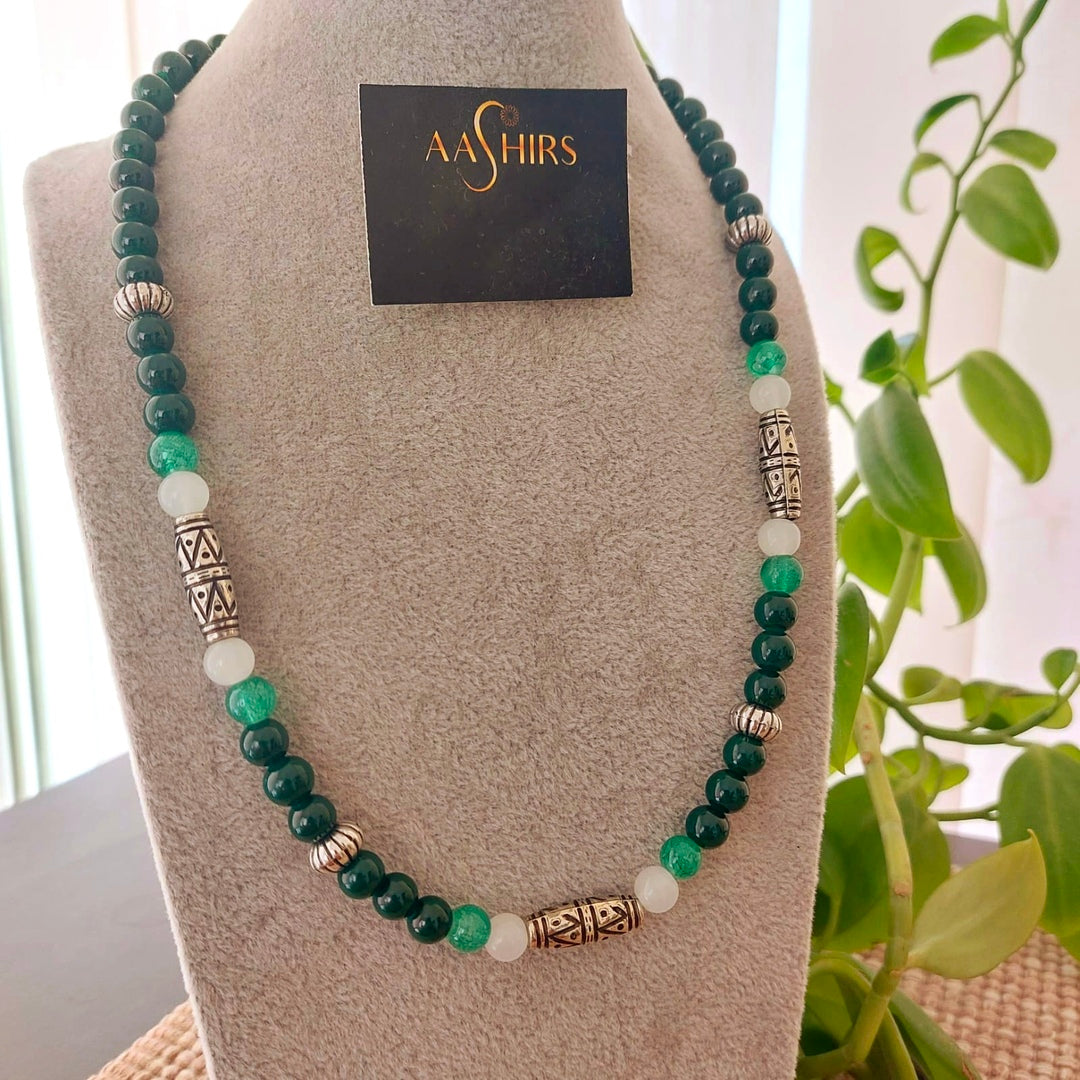 Green Meadow : Beaded Necklace Set in Dark and light Green